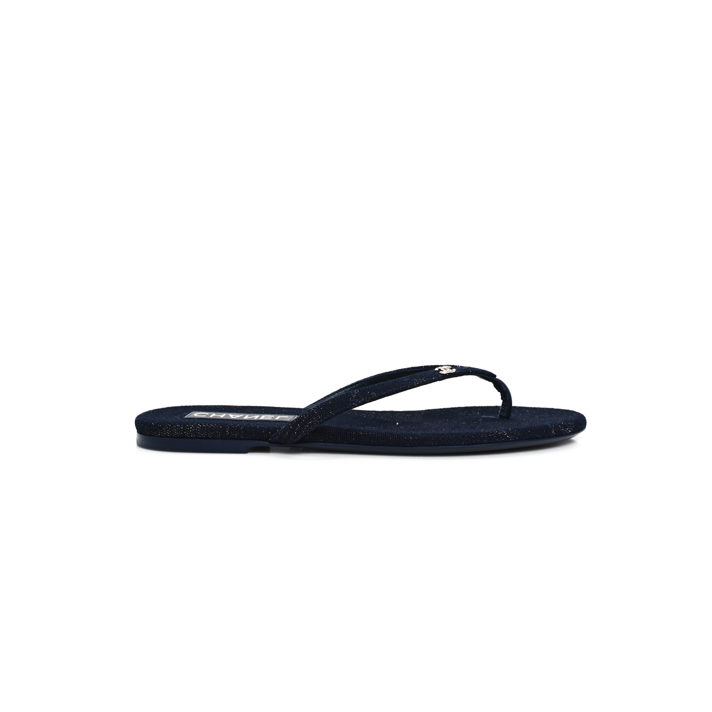 CHANEL COTTON SILK CRYSTAL CC THONG SANDALS DARK BLUE SILVER 362268